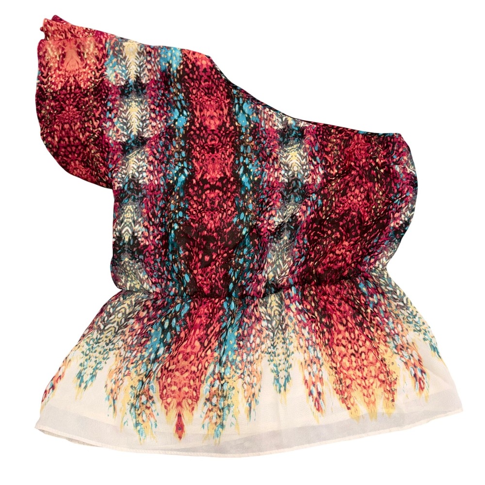 a.n.a A New Approach‎ Womens One Shoulder Peplum Blouse Red Teal Abstract Small